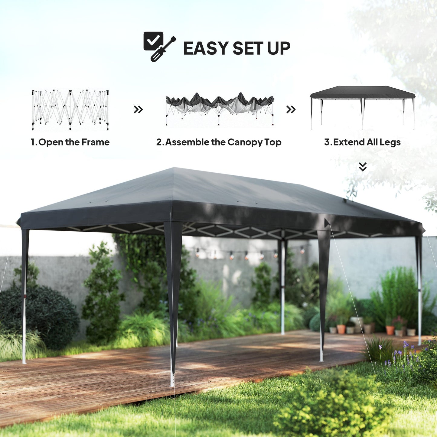 Pop Up Gazebo 3 x 6m, Foldable Canopy Tent, Height Adjustable Wedding Awning Canopy w/ Carrying Bag, Grey