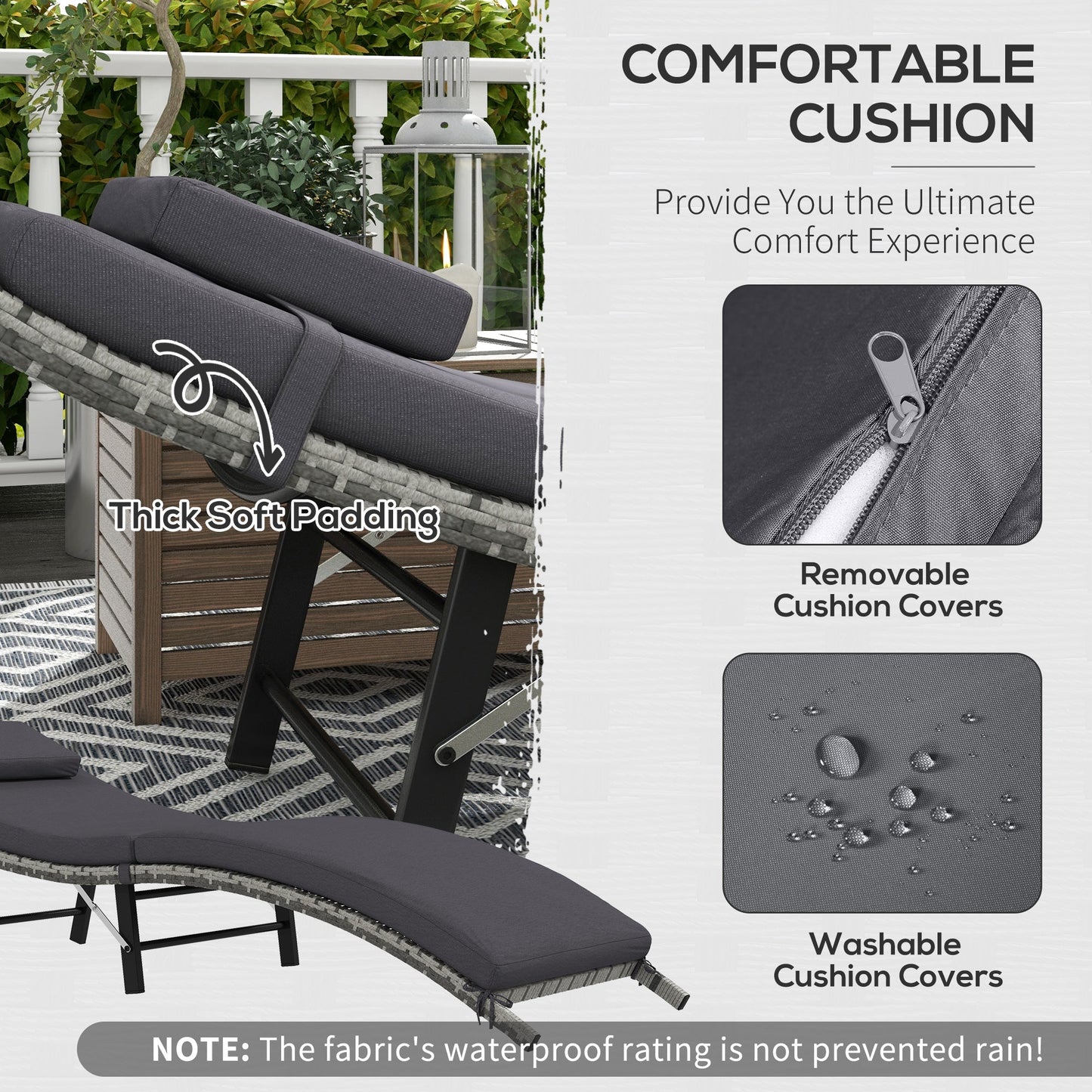 Folding Rattan Sun Lounger, Wicker Garden Lounger with Cushion and Pillow, Outdoor Sunbed with Steel Frame for Patio, Beach, Terrace, Grey