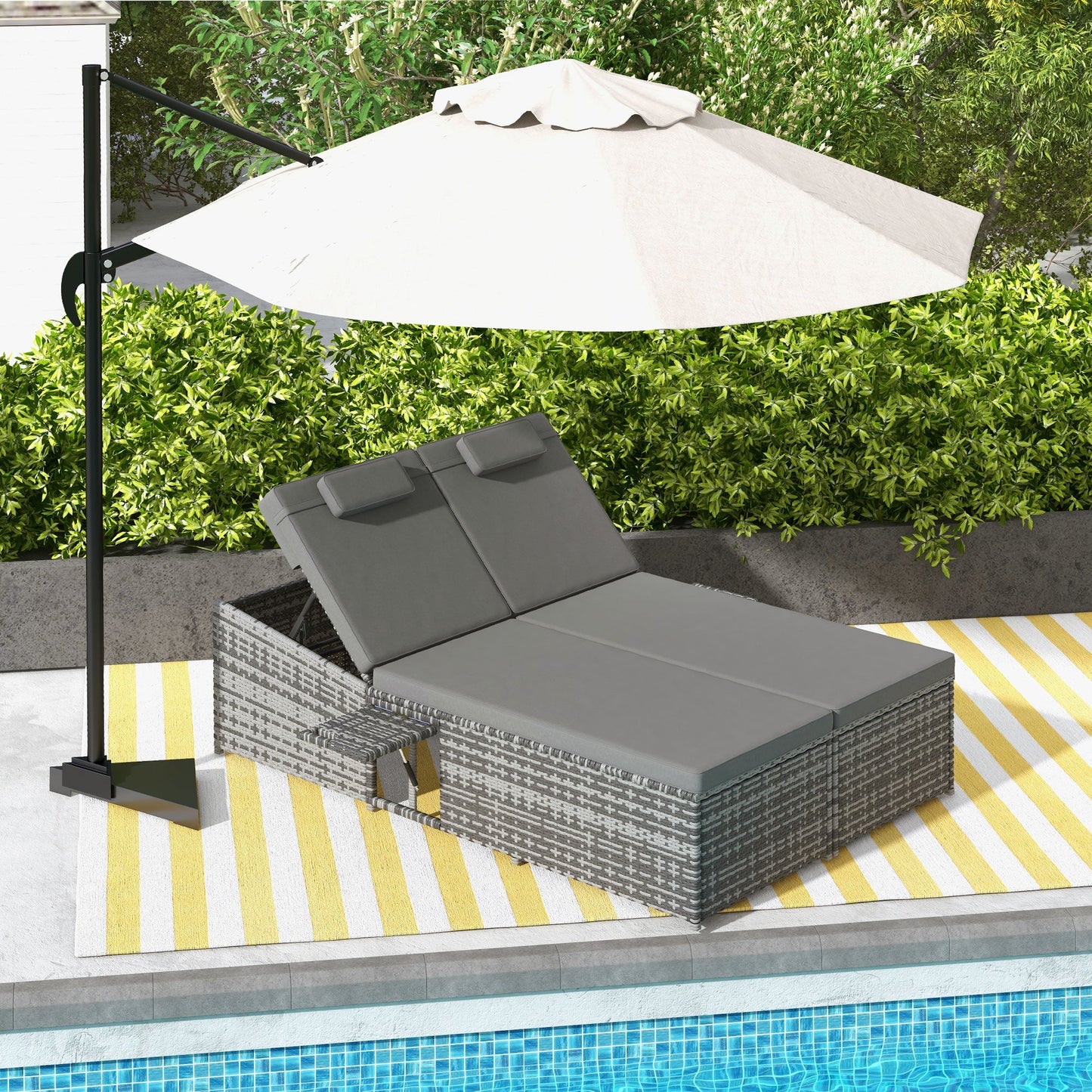 2 Seater Double Rattan Sun Lounger Recliner Day Bed Outdoor Wicker Weave Furniture Sofa w/ Fire Retardant Cushions – Grey