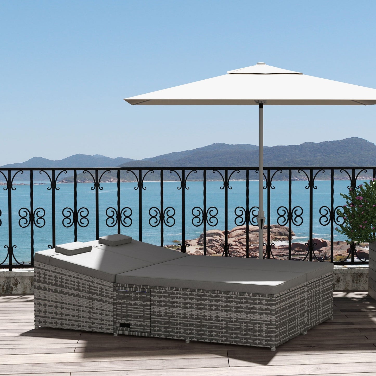 2 Seater Double Rattan Sun Lounger Recliner Day Bed Outdoor Wicker Weave Furniture Sofa w/ Fire Retardant Cushions – Grey