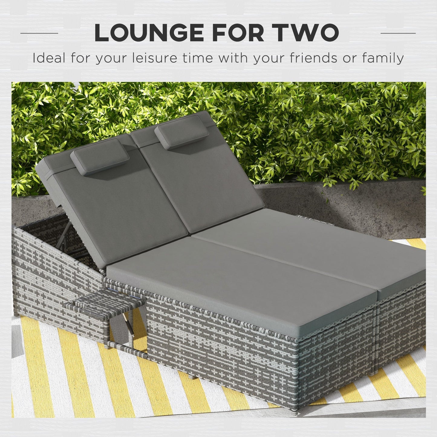 2 Seater Double Rattan Sun Lounger Recliner Day Bed Outdoor Wicker Weave Furniture Sofa w/ Fire Retardant Cushions – Grey