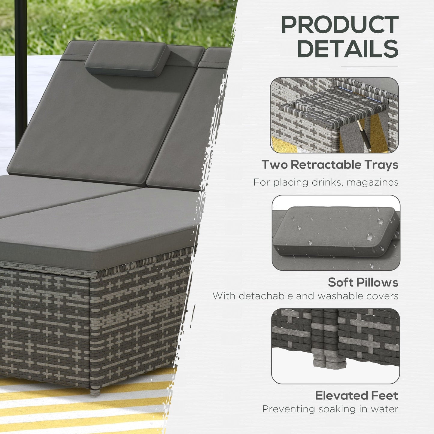 2 Seater Double Rattan Sun Lounger Recliner Day Bed Outdoor Wicker Weave Furniture Sofa w/ Fire Retardant Cushions – Grey