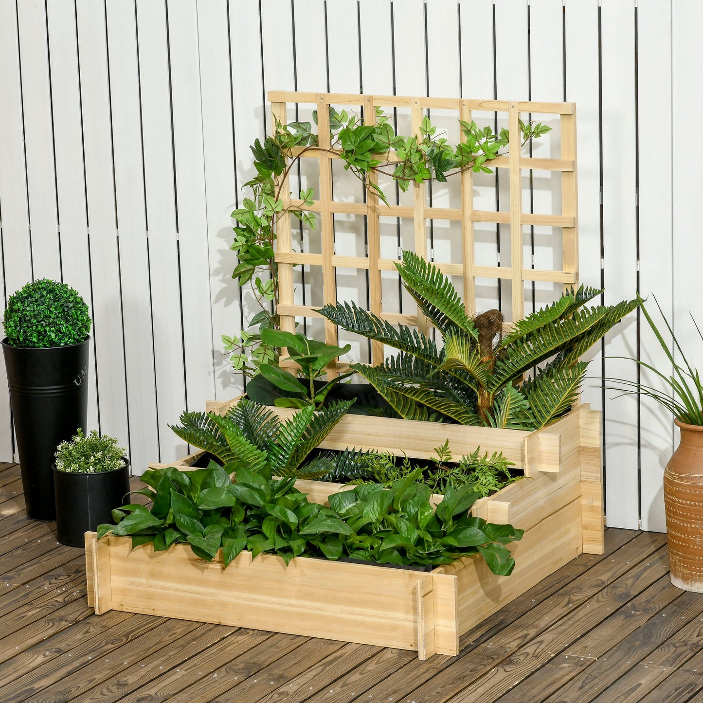 3 Tier Planters with Trellis for Vine Climbing, Wooden Raised Beds for Garden Patio, Outdoor Planter Box for Vegetables, Flowers, Herbs, Natural Tone