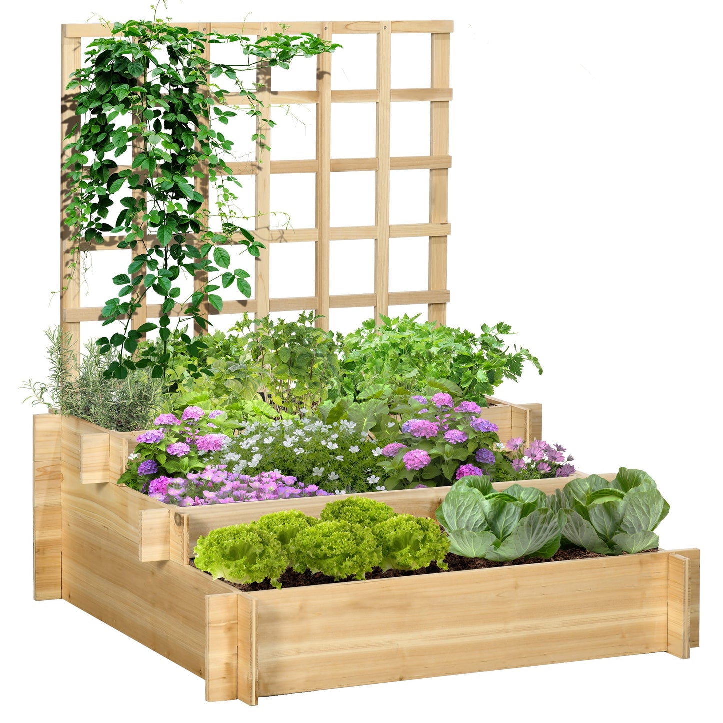 3 Tier Planters with Trellis for Vine Climbing, Wooden Raised Beds for Garden Patio, Outdoor Planter Box for Vegetables, Flowers, Herbs, Natural Tone