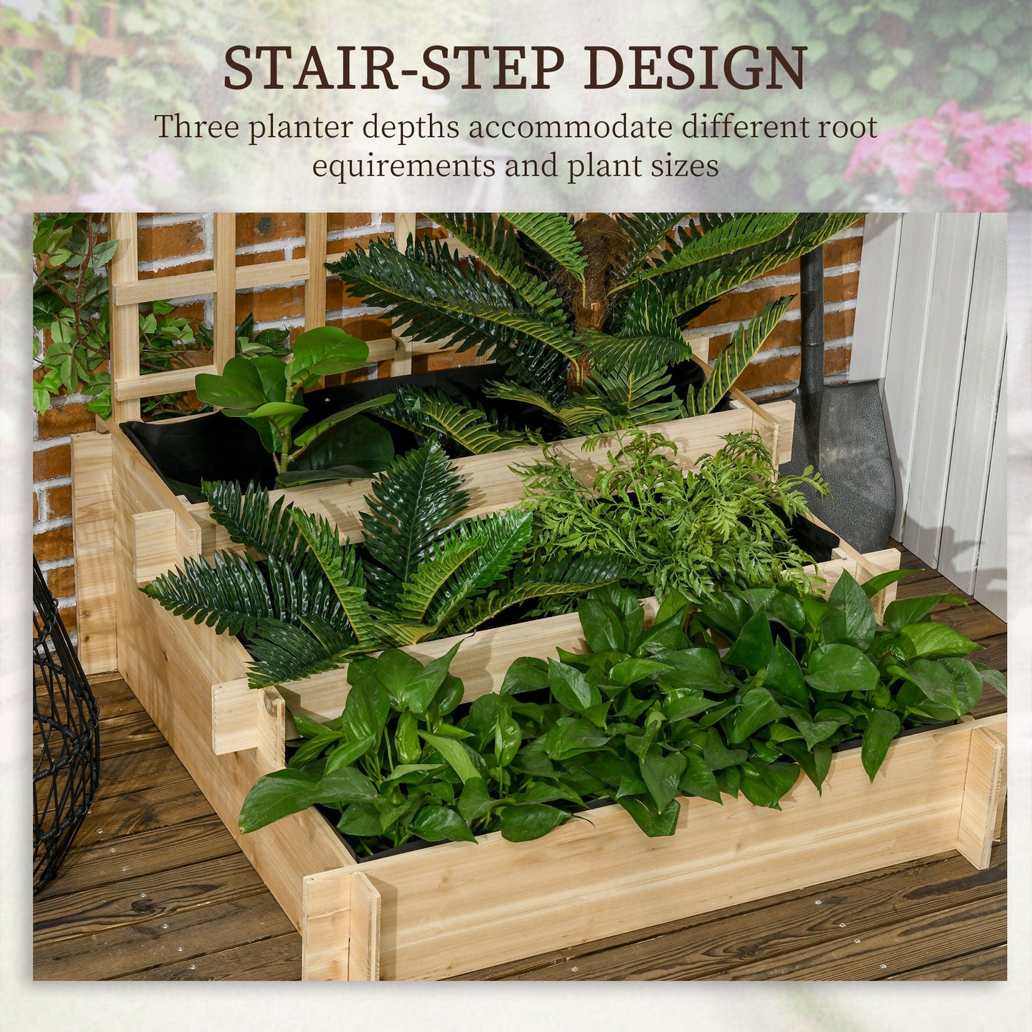 3 Tier Planters with Trellis for Vine Climbing, Wooden Raised Beds for Garden Patio, Outdoor Planter Box for Vegetables, Flowers, Herbs, Natural Tone