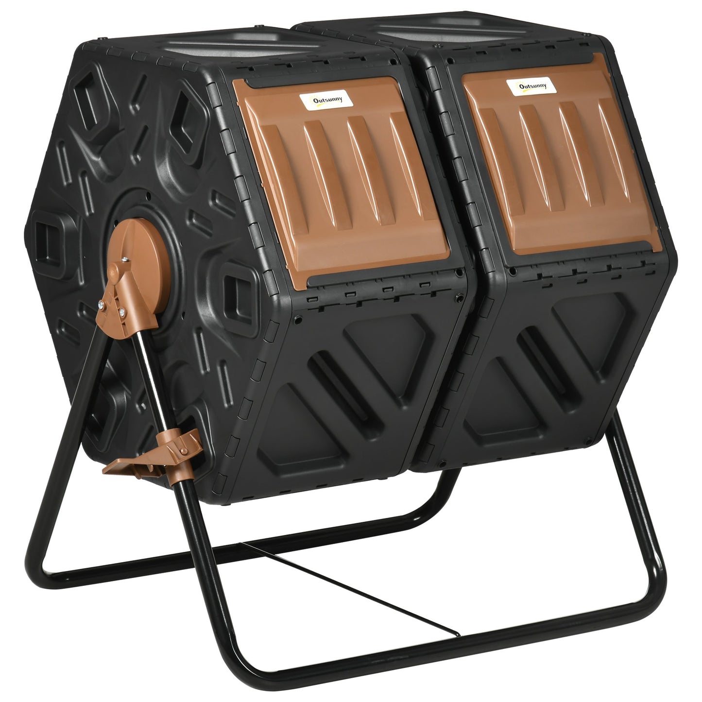 Dual Chamber Garden Compost Bin, 130L Rotating Composter, Compost Maker with Ventilation Openings and Steel Legs, Dark Brown and Black
