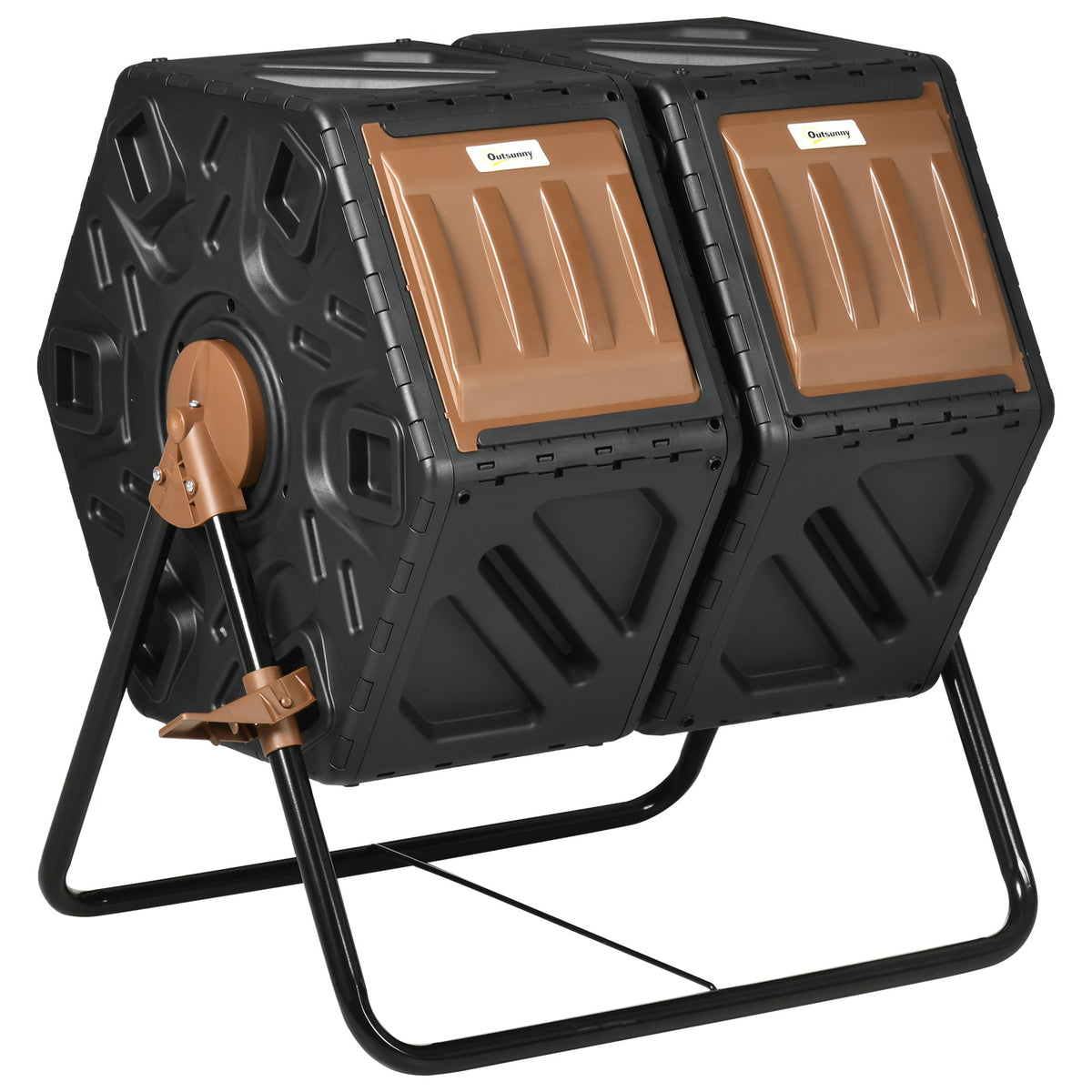 Dual Chamber Garden Compost Bin, 130L Rotating Composter, Compost Maker with Ventilation Openings and Steel Legs, Dark Brown and Black