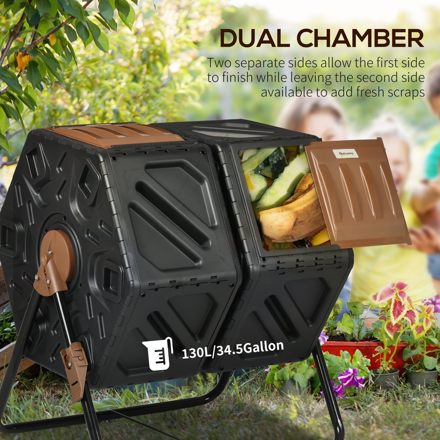 Dual Chamber Garden Compost Bin, 130L Rotating Composter, Compost Maker with Ventilation Openings and Steel Legs, Dark Brown and Black