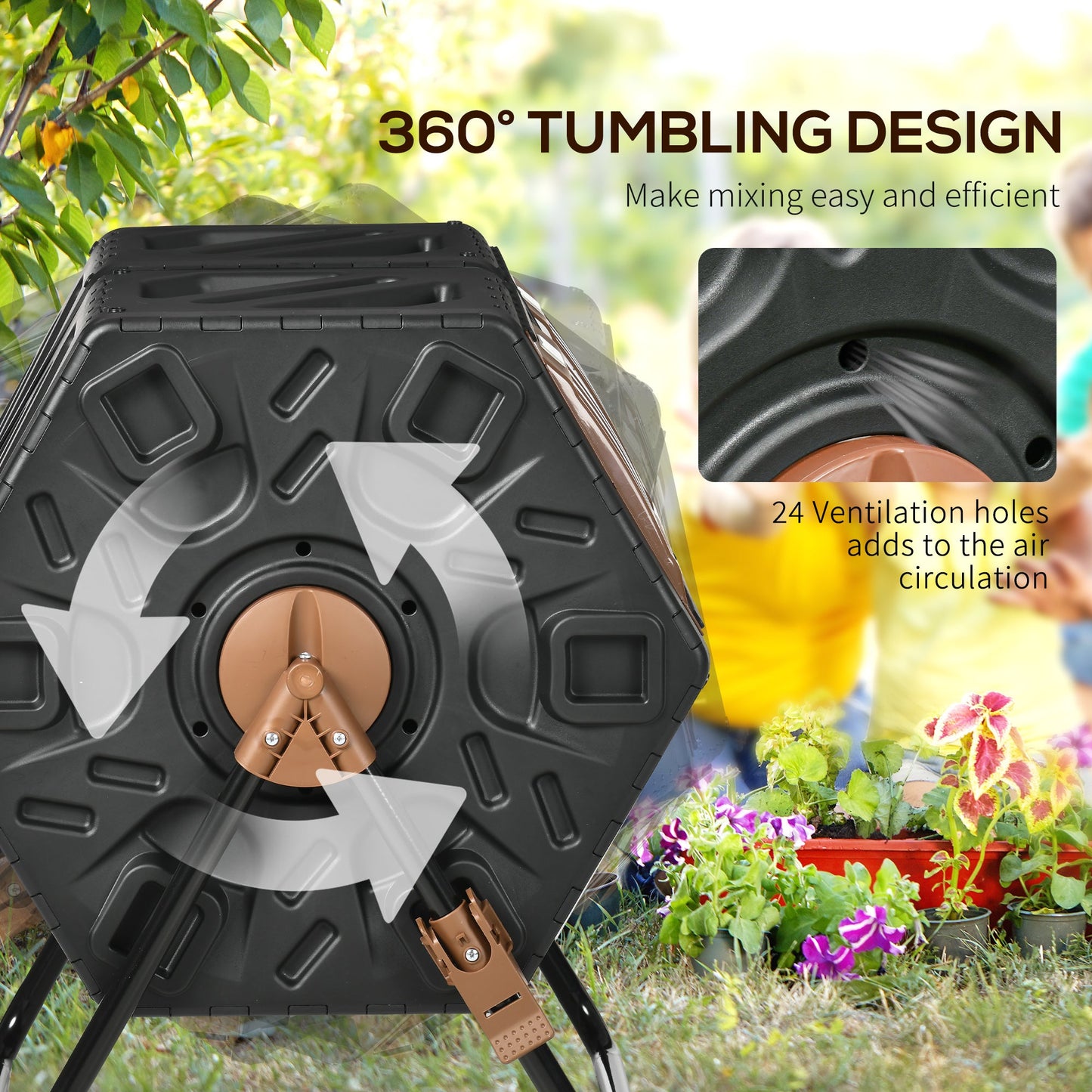 Dual Chamber Garden Compost Bin, 130L Rotating Composter, Compost Maker with Ventilation Openings and Steel Legs, Dark Brown and Black