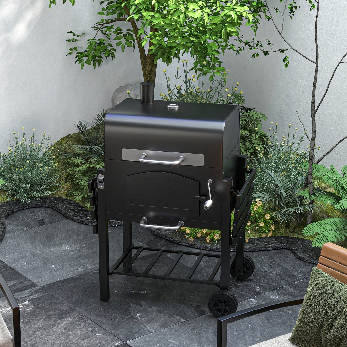 Charcoal Grill BBQ Trolley with Adjustable Charcoal Height, Charcoal Stove for Pot, Garden Smoker Barbecue with Folding Shelves, Thermometer on Lid, Bottle Opener and Wheels