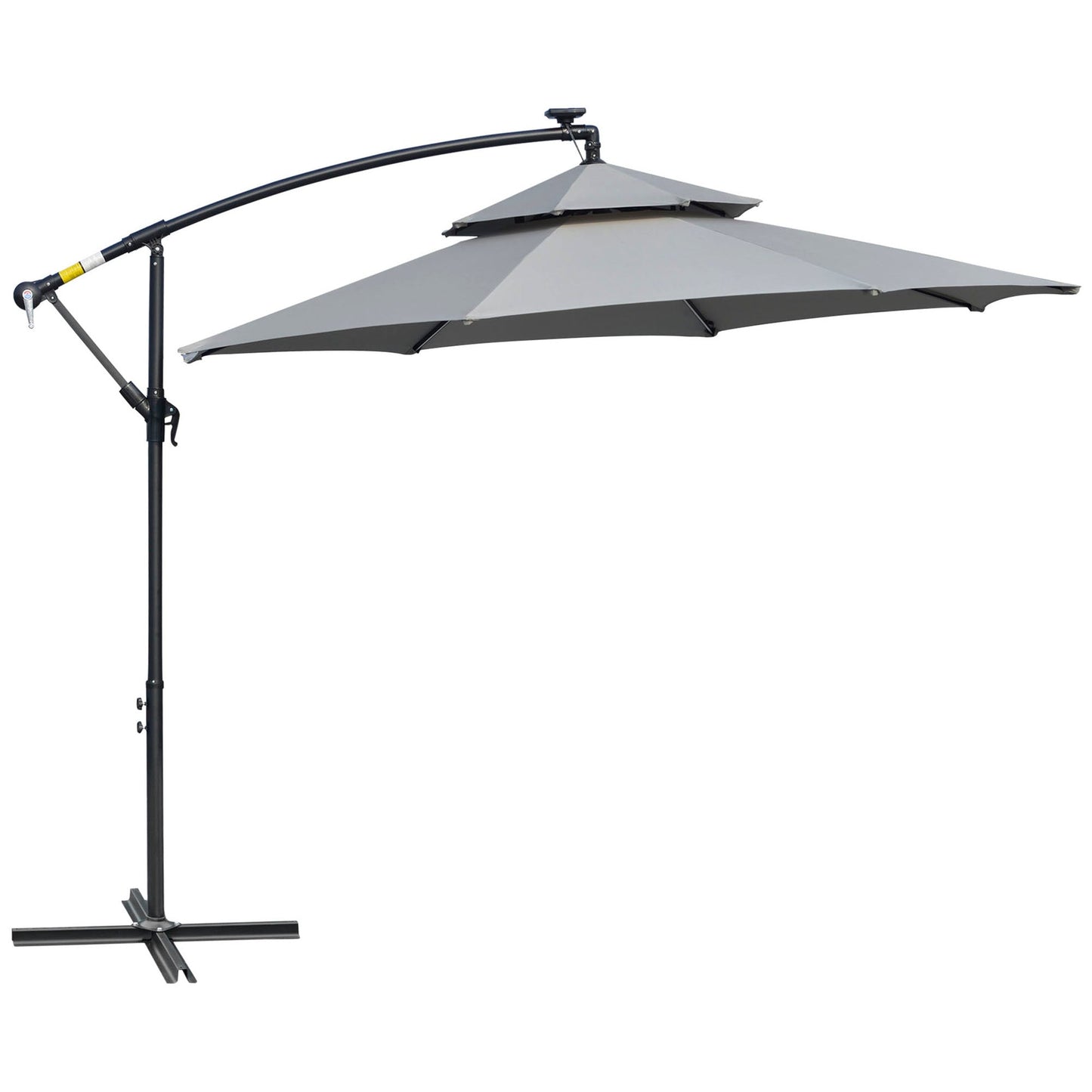 3(m) Cantilever Banana Parasol Hanging Umbrella with Double Roof, LED Solar lights, Crank, 8 Sturdy Ribs and Cross Base for Outdoor, Garden, Patio, Light Grey