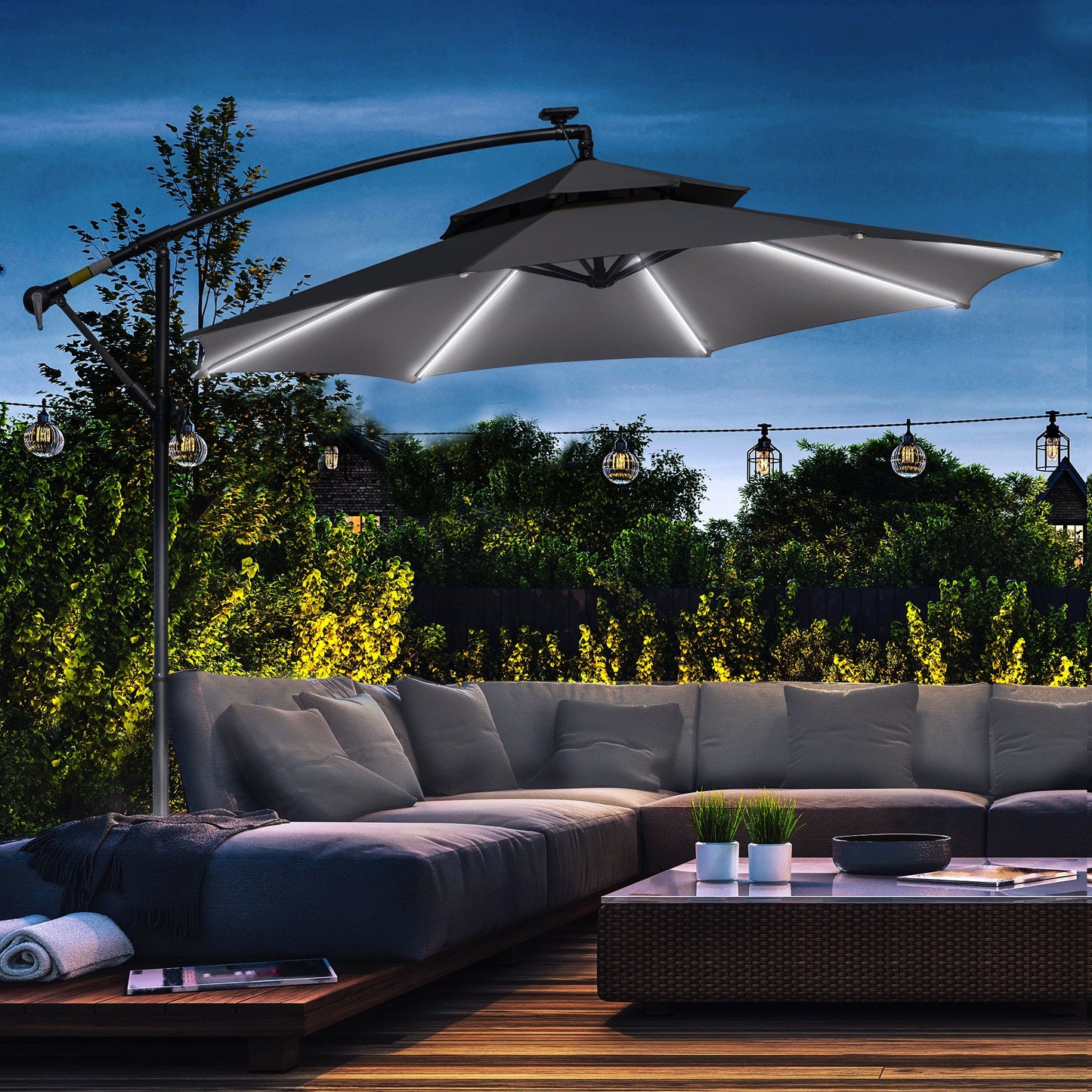 3(m) Cantilever Banana Parasol Hanging Umbrella with Double Roof, LED Solar lights, Crank, 8 Sturdy Ribs and Cross Base for Outdoor, Garden, Patio, Light Grey
