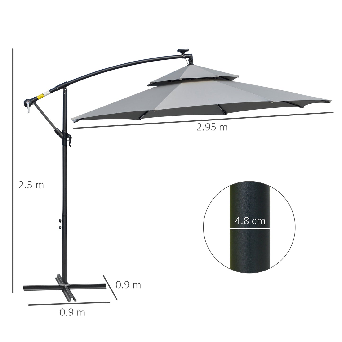 3(m) Cantilever Banana Parasol Hanging Umbrella with Double Roof, LED Solar lights, Crank, 8 Sturdy Ribs and Cross Base for Outdoor, Garden, Patio, Light Grey