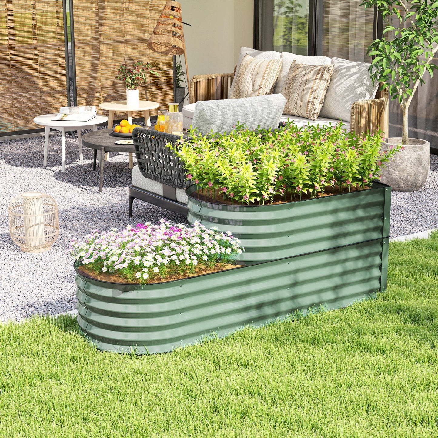 2-Tier Raised Garden Bed, Outdoor Galvanised Planter Box with Safety Edging and Gloves, Metal Raised Bed with Open Bottom for Vegetables, Flowers, Fruits and Herbs, Light Green
