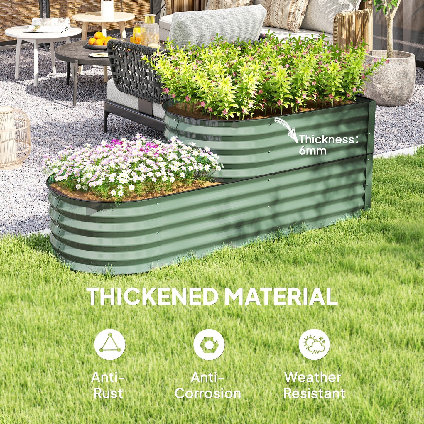 2-Tier Raised Garden Bed, Outdoor Galvanised Planter Box with Safety Edging and Gloves, Metal Raised Bed with Open Bottom for Vegetables, Flowers, Fruits and Herbs, Light Green