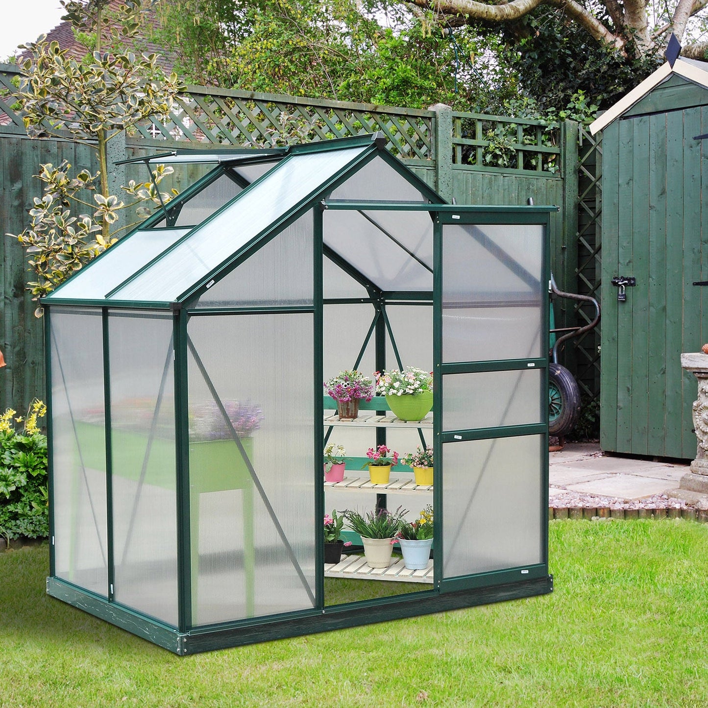 6 x 4ft Polycarbonate Greenhouse, Large Walk-In Green House with Slide Door and Window, Garden Plants Grow House with Aluminium Frame and Foundation, Dark Green