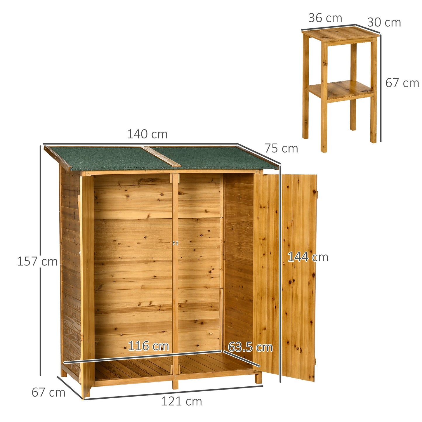 Small Shed, Wooden Garden Shed with Flexible Table, Hooks and Ground Nails, Lockable Tool Shed with Asphalt Roof, 140 x 75 x 157cm, Natural