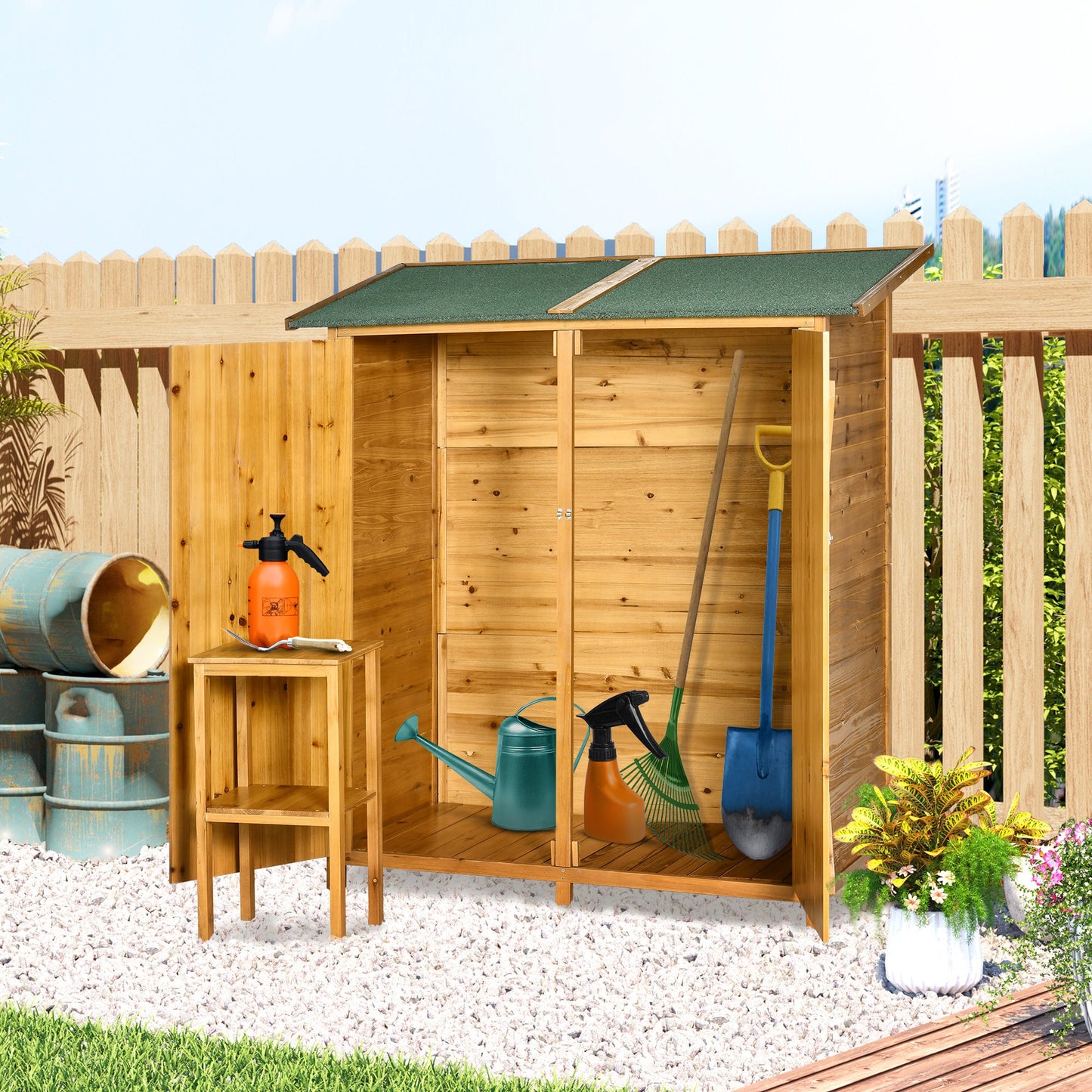 Small Shed, Wooden Garden Shed with Flexible Table, Hooks and Ground Nails, Lockable Tool Shed with Asphalt Roof, 140 x 75 x 157cm, Natural