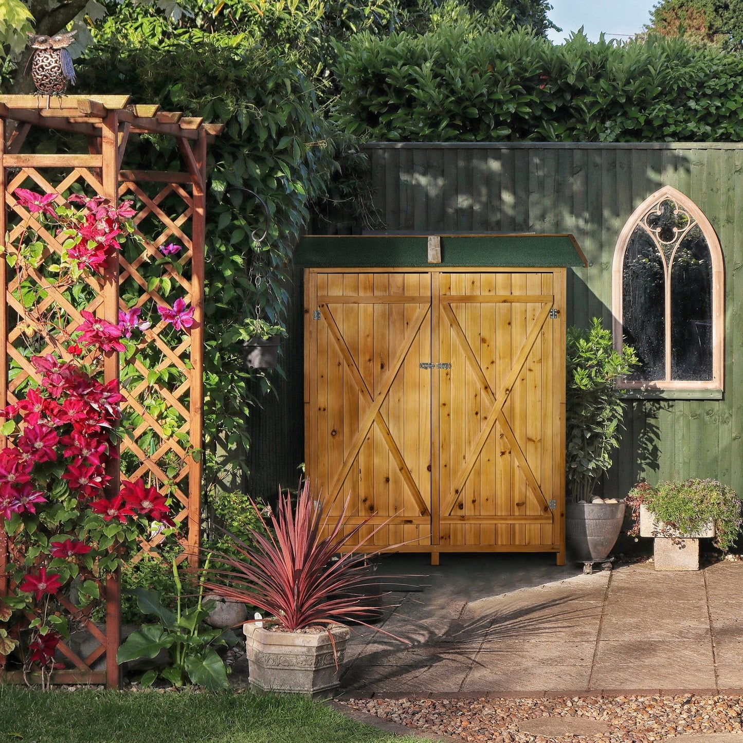 Small Shed, Wooden Garden Shed with Flexible Table, Hooks and Ground Nails, Lockable Tool Shed with Asphalt Roof, 140 x 75 x 157cm, Natural