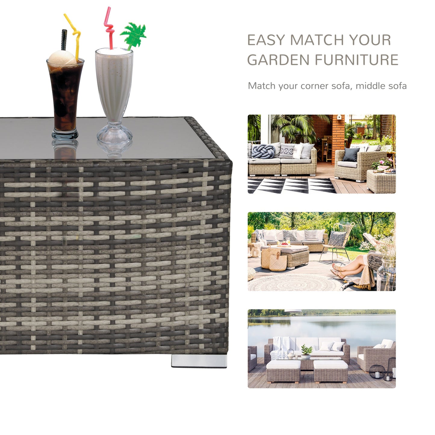 Patio Rattan Coffee Table Ready to Use Outdoor Furniture Suitable for Garden Backyard, Deep Grey