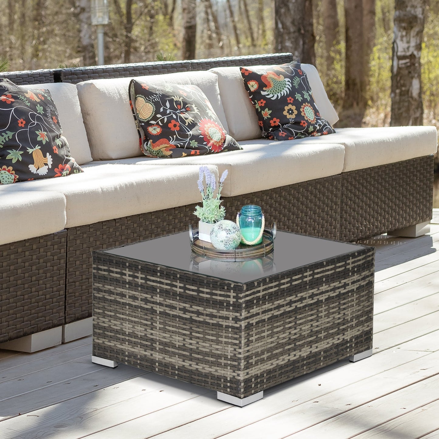 Patio Rattan Coffee Table Ready to Use Outdoor Furniture Suitable for Garden Backyard, Deep Grey