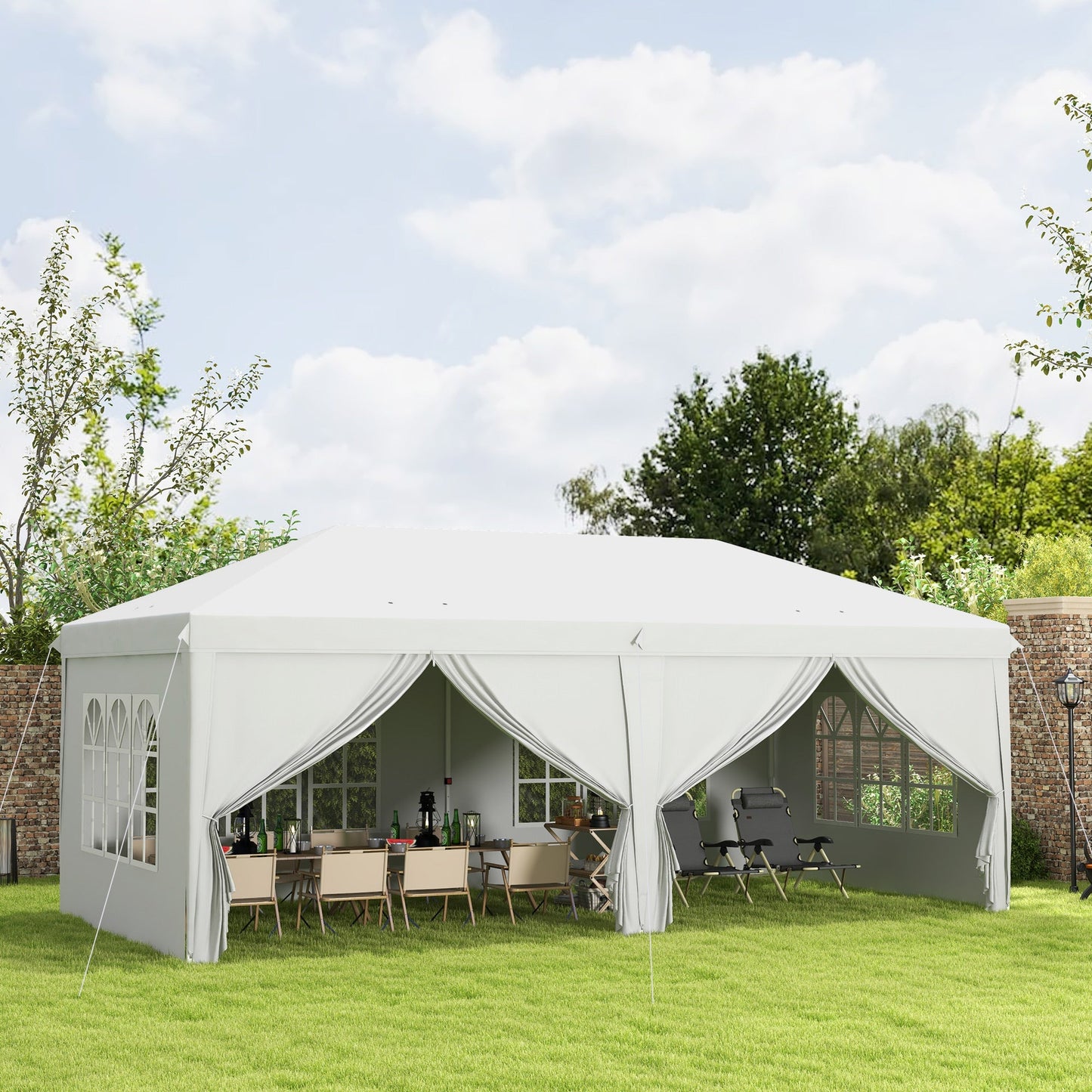 3 x 6 m Garden Pop Up Gazebo, Wedding Party Tent Marquee, Water Resistant Awning Canopy with Sidewalls, Windows, Carry Bag, White