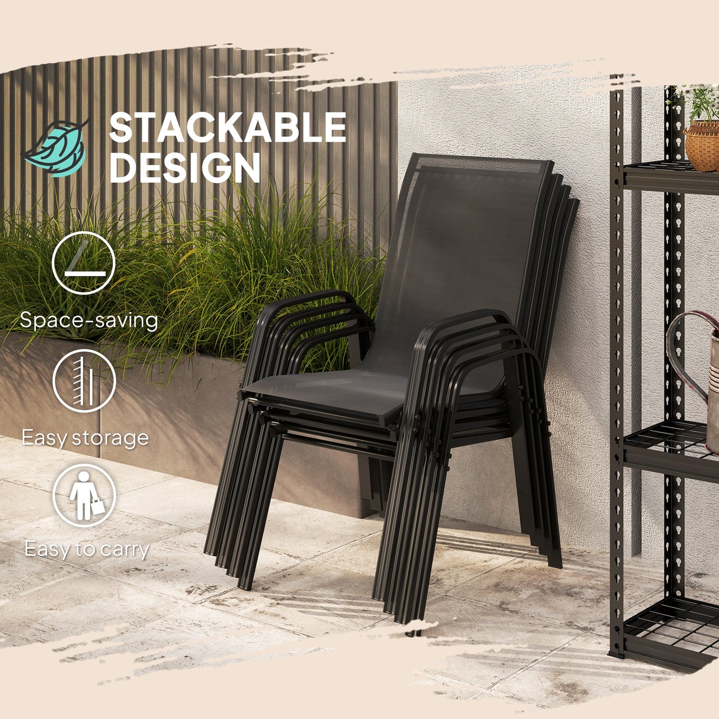 4 Pieces Garden Chairs, Stackable Outdoor Chairs with High Backrest and Armrest, Breathable Mesh Fabric Dining Chair Set of 4, Black