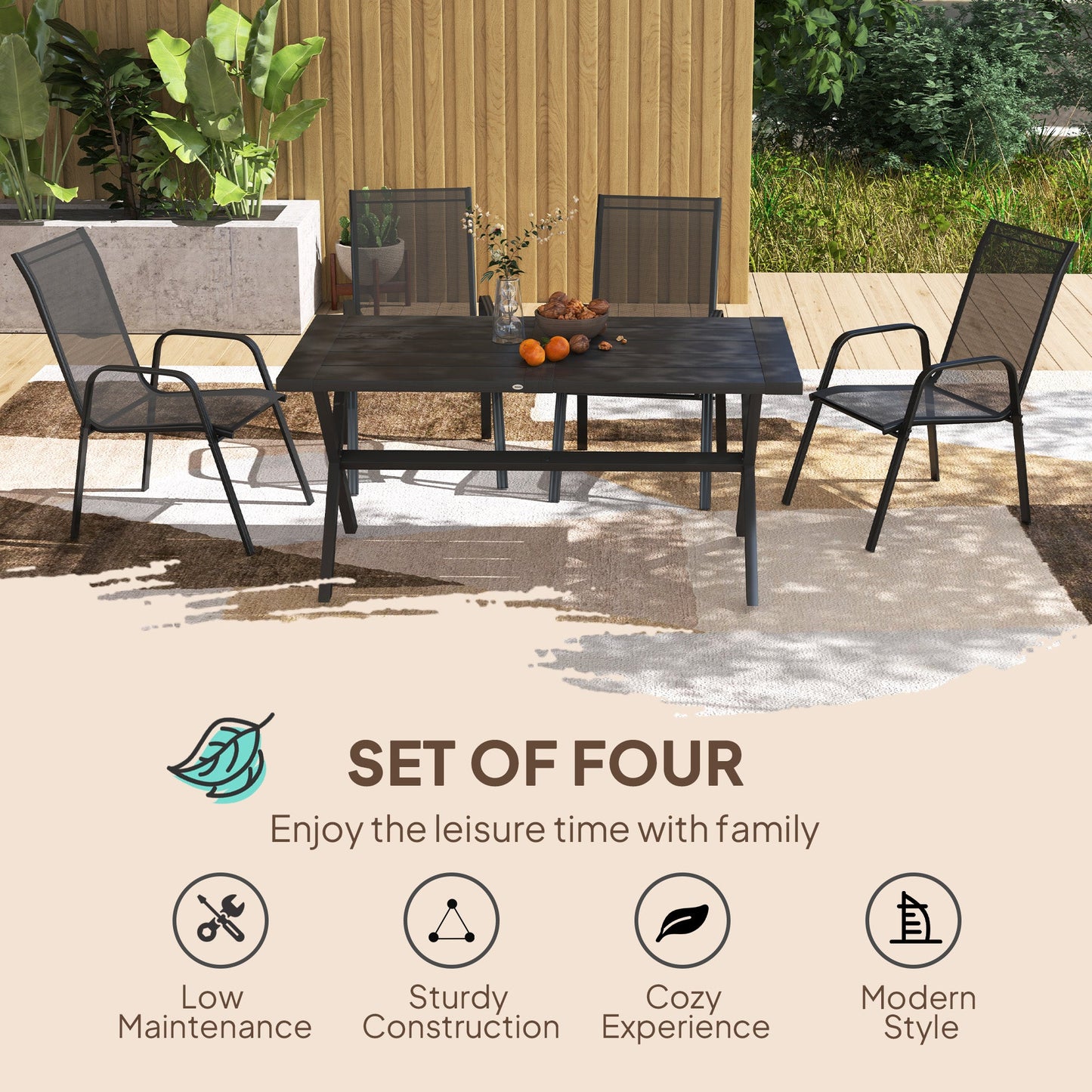 4 Pieces Garden Chairs, Stackable Outdoor Chairs with High Backrest and Armrest, Breathable Mesh Fabric Dining Chair Set of 4, Black