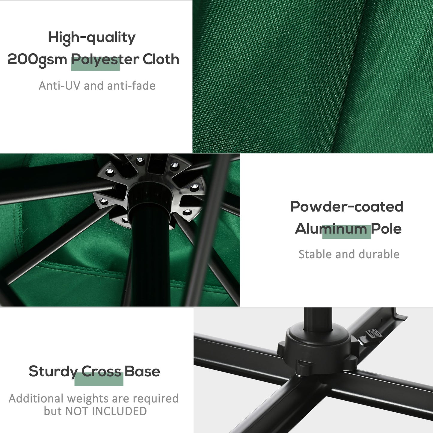 2.5 x 2.5m Patio Offset Parasol Umbrella Cantilever Hanging Aluminium Sun Shade Canopy Shelter 360° Rotation with Crank Handle and Cross Base, Green