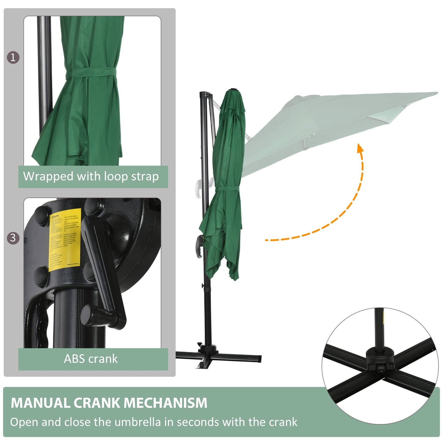 2.5 x 2.5m Patio Offset Parasol Umbrella Cantilever Hanging Aluminium Sun Shade Canopy Shelter 360° Rotation with Crank Handle and Cross Base, Green