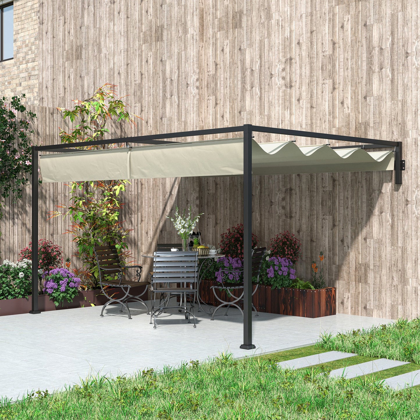 3 x 4m Lean To Pergola with Retractable Roof, Wall Mounted Garden Gazebo Outdoor Sun Shade Shelter for Patio, Deck, Khaki