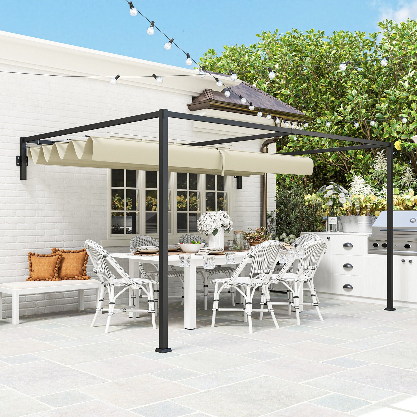 3 x 4m Lean To Pergola with Retractable Roof, Wall Mounted Garden Gazebo Outdoor Sun Shade Shelter for Patio, Deck, Khaki