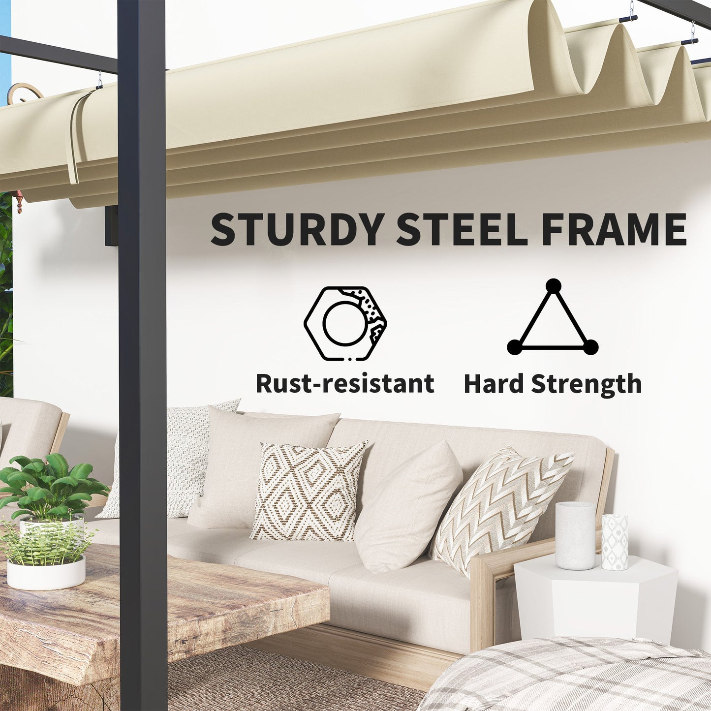 3 x 4m Lean To Pergola with Retractable Roof, Wall Mounted Garden Gazebo Outdoor Sun Shade Shelter for Patio, Deck, Khaki