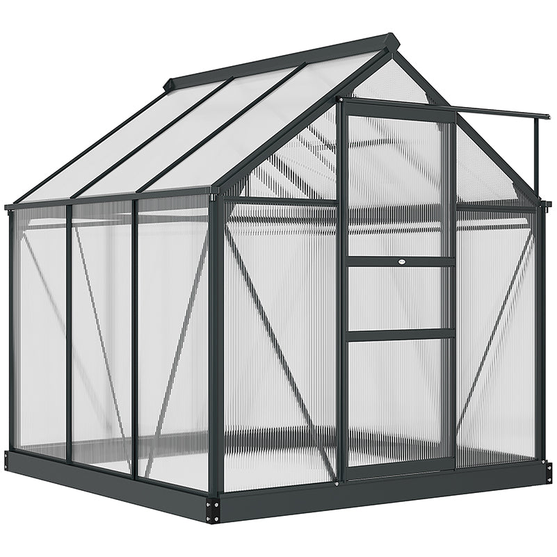 6 x 6ft Polycarbonate Greenhouse, Large Walk-In Green House with Slide Door and Window, Garden Plants Grow House with Aluminium Frame and Foundation, Grey