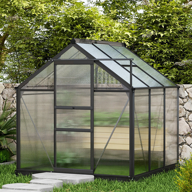 6 x 6ft Polycarbonate Greenhouse, Large Walk-In Green House with Slide Door and Window, Garden Plants Grow House with Aluminium Frame and Foundation, Grey