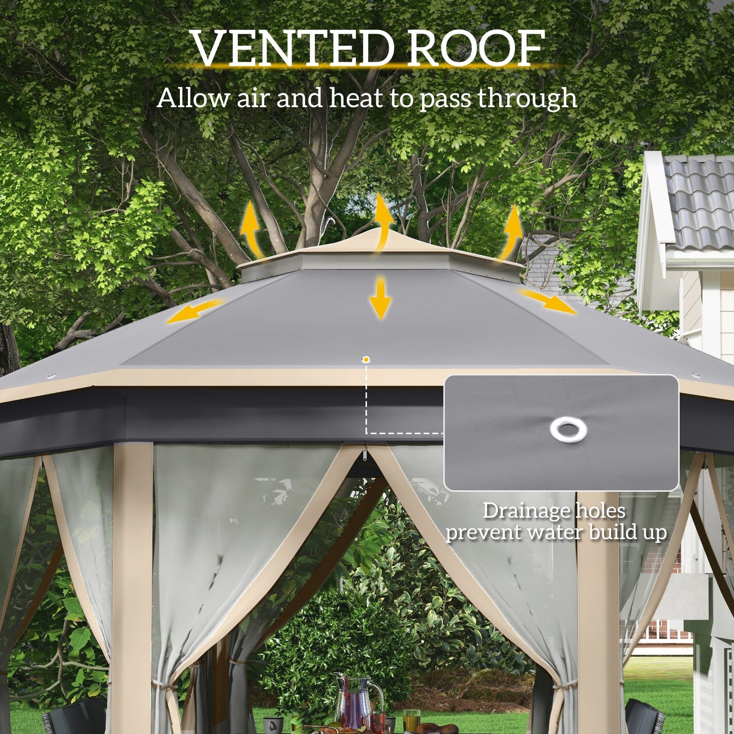 3 x 4m Garden Gazebo Hexagon Pop Up Party Tent Canopy Double Roof Instant Shelter with Netting and Carry Bag for Outdoor Patio, Khaki