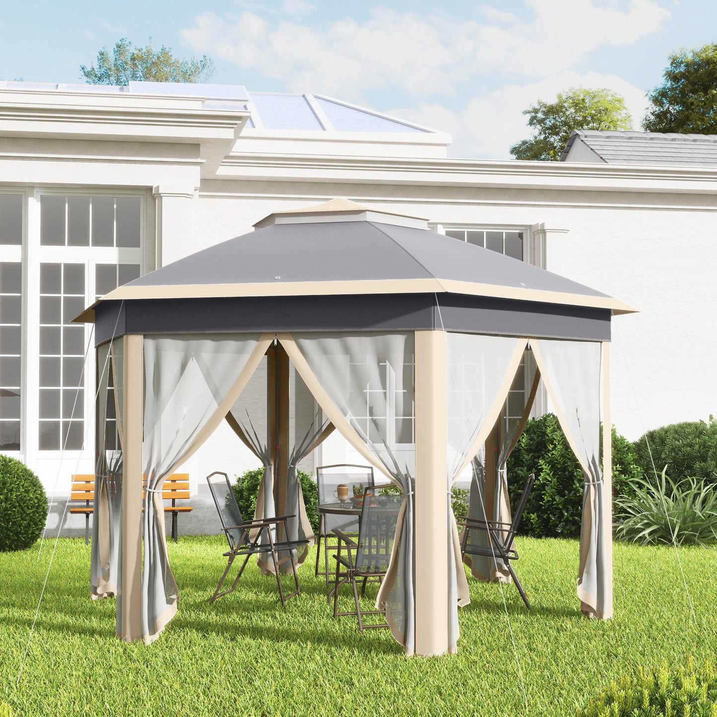 3 x 4m Garden Gazebo Hexagon Pop Up Party Tent Canopy Double Roof Instant Shelter with Netting and Carry Bag for Outdoor Patio, Khaki