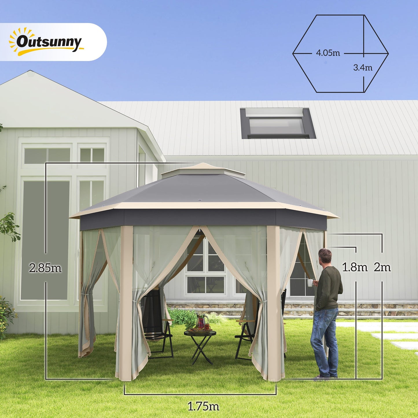 3 x 4m Garden Gazebo Hexagon Pop Up Party Tent Canopy Double Roof Instant Shelter with Netting and Carry Bag for Outdoor Patio, Khaki