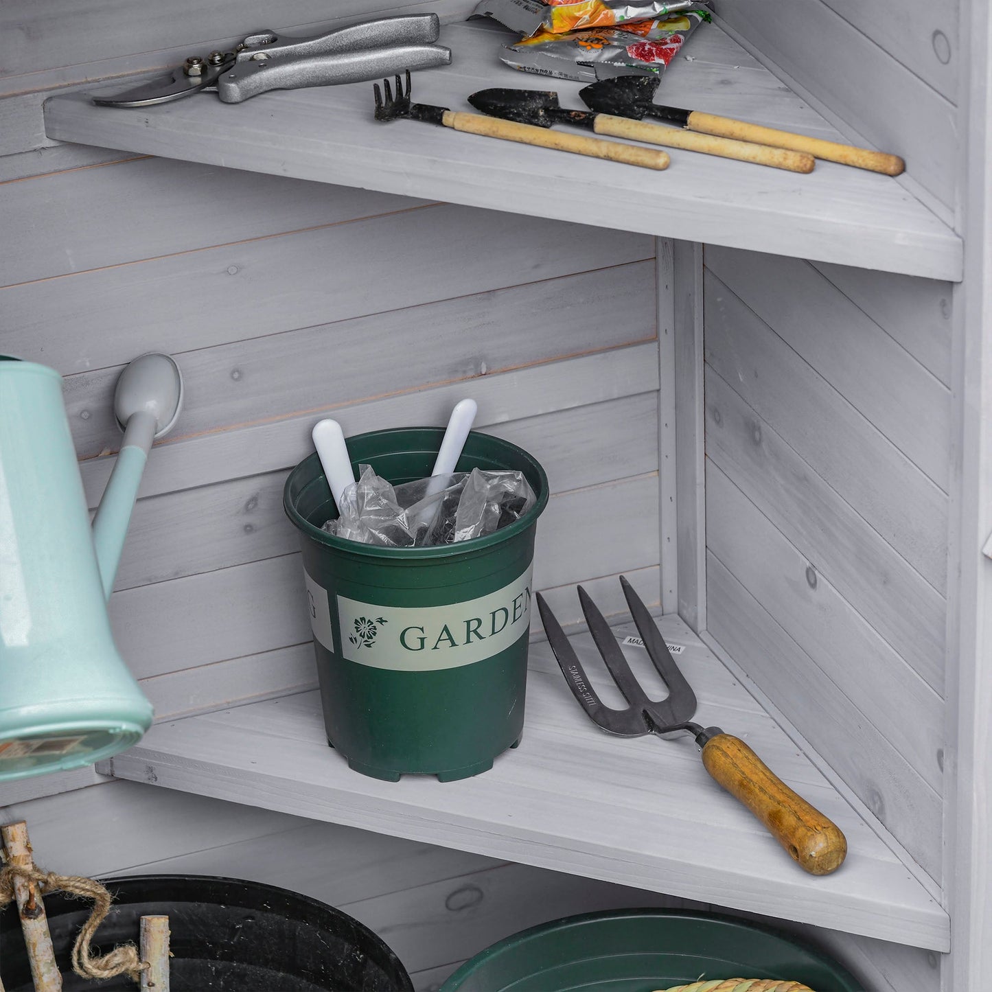 Wooden Garden Shed, Outdoor Storage Cabinet with 2 Shelves and Hooks, Locking Organiser Outdoor Narrow Tool House, 74x55x155cm, Grey