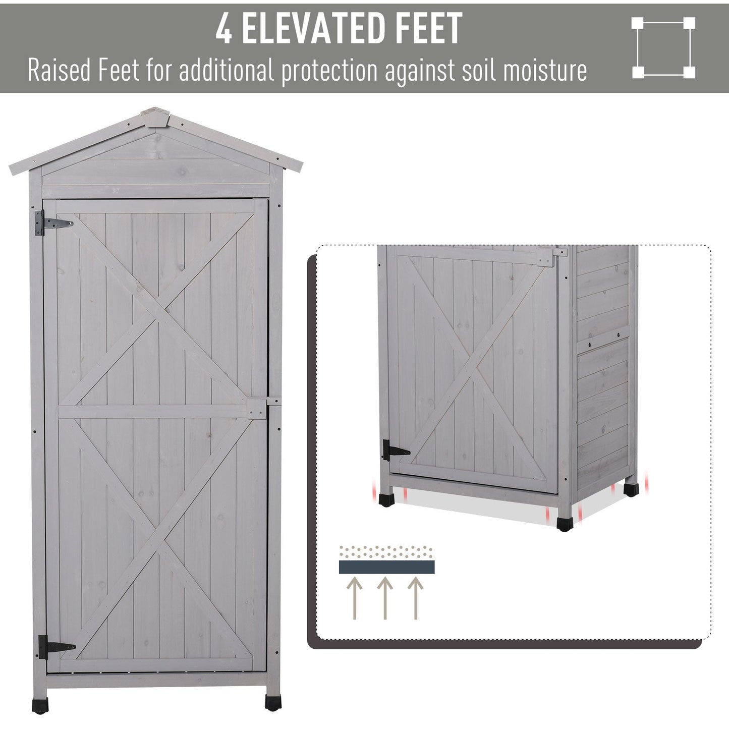 Wooden Garden Shed, Outdoor Storage Cabinet with 2 Shelves and Hooks, Locking Organiser Outdoor Narrow Tool House, 74x55x155cm, Grey
