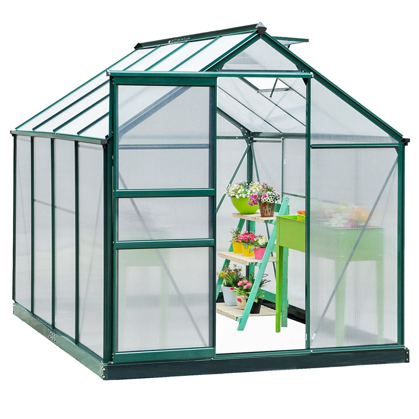 6 x 8ft Polycarbonate Greenhouse, Large Walk-In Green House with Slide Door and Window, Garden Plants Grow House with Aluminium Frame and Foundation, Dark Green