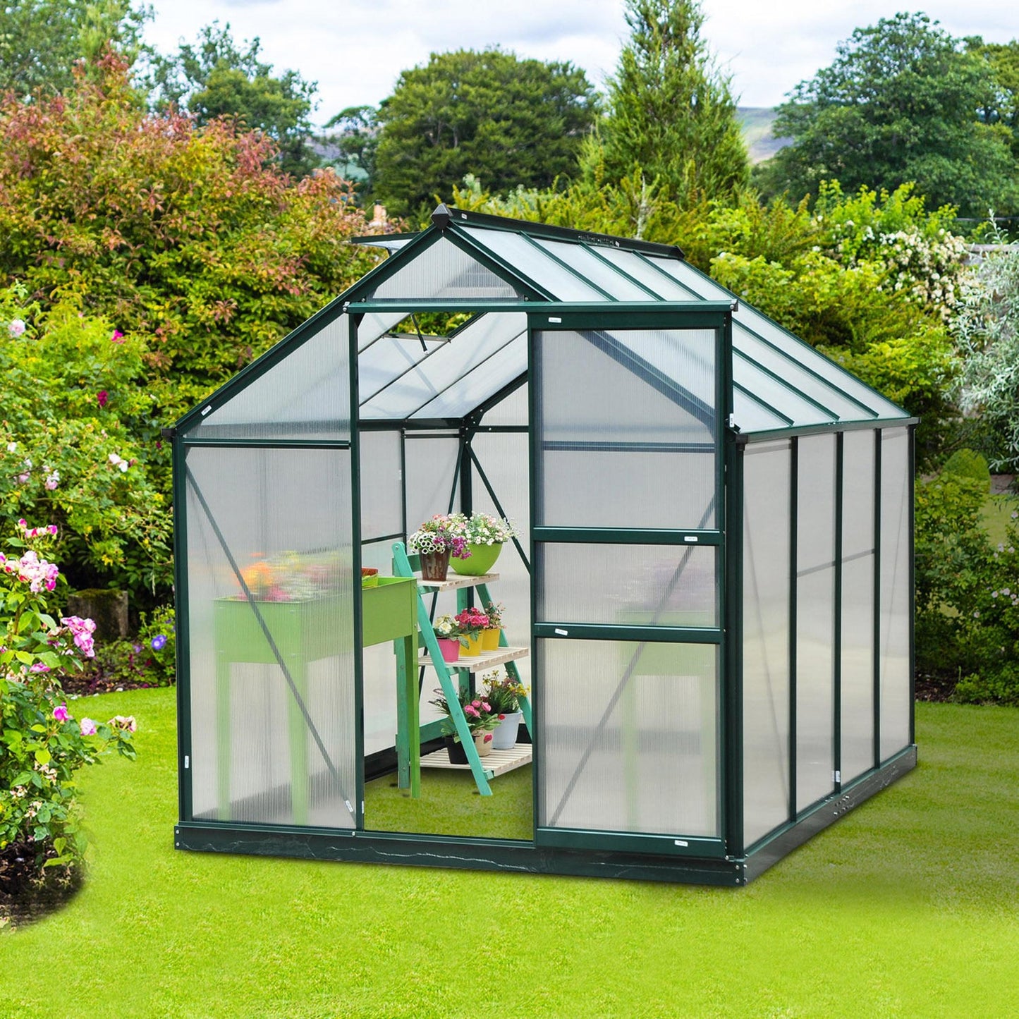6 x 8ft Polycarbonate Greenhouse, Large Walk-In Green House with Slide Door and Window, Garden Plants Grow House with Aluminium Frame and Foundation, Dark Green