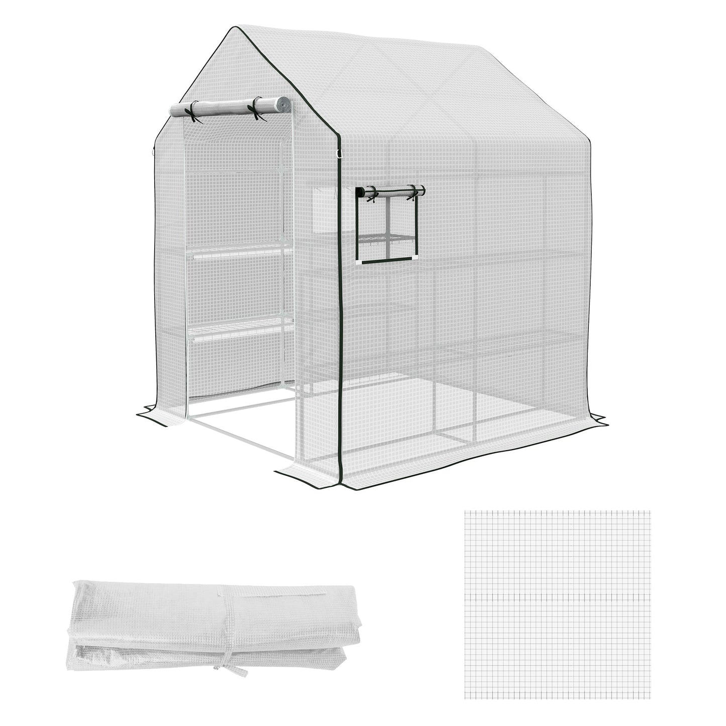 Walk-in Greenhouse Cover Replacement with Roll-up Door and Mesh Windows, Reinforced PE Hot House Cover, COVER ONLY, 140 x 143 x 190cm, White