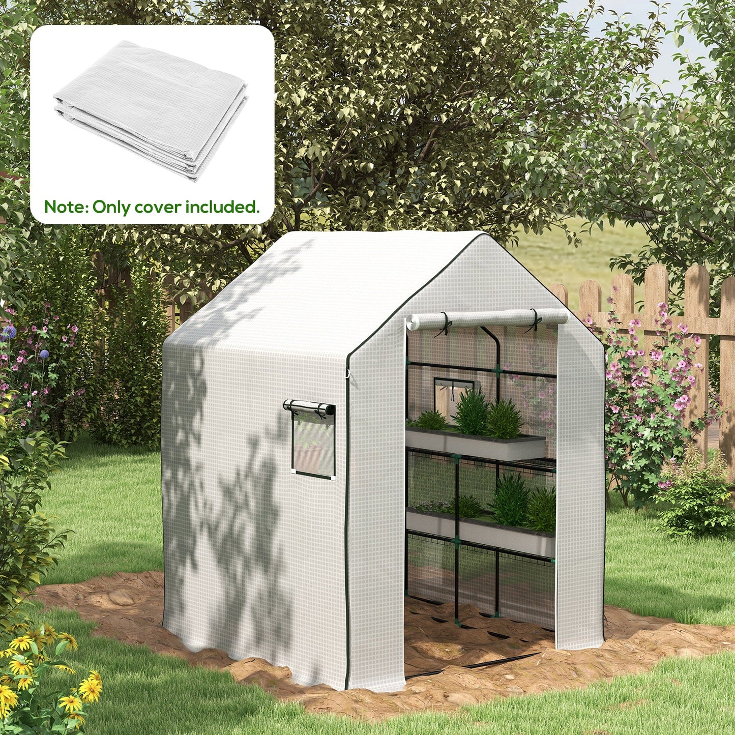 Walk-in Greenhouse Cover Replacement with Roll-up Door and Mesh Windows, Reinforced PE Hot House Cover, COVER ONLY, 140 x 143 x 190cm, White