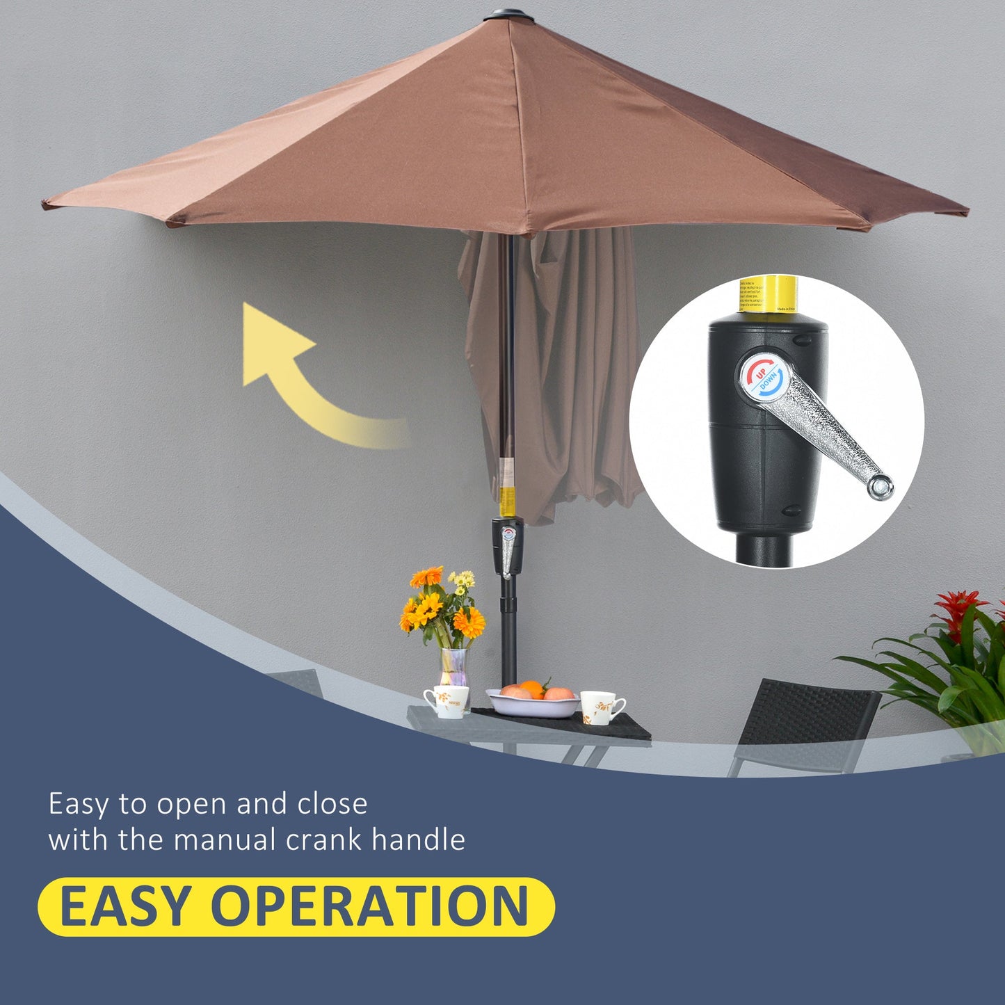 2m Half Parasol Market Umbrella Garden Balcony Parasol with Crank Handle, Cross Base, Double-Sided Canopy, Coffee