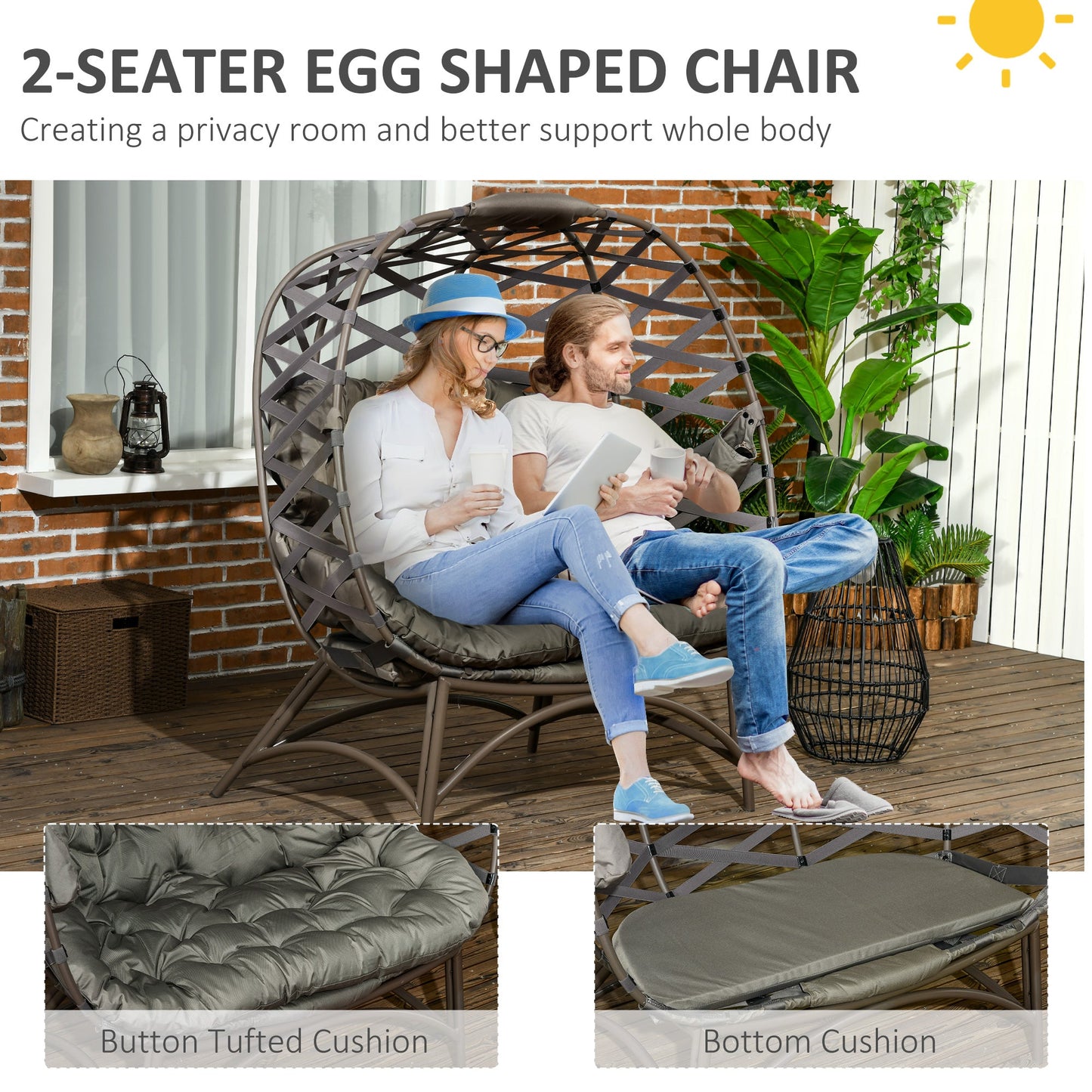 Egg Chair Outdoor, 2 Seater Folding Weave Garden Furniture Chair with Cushion, Cup Pockets for Patio Balcony - Sand Brown