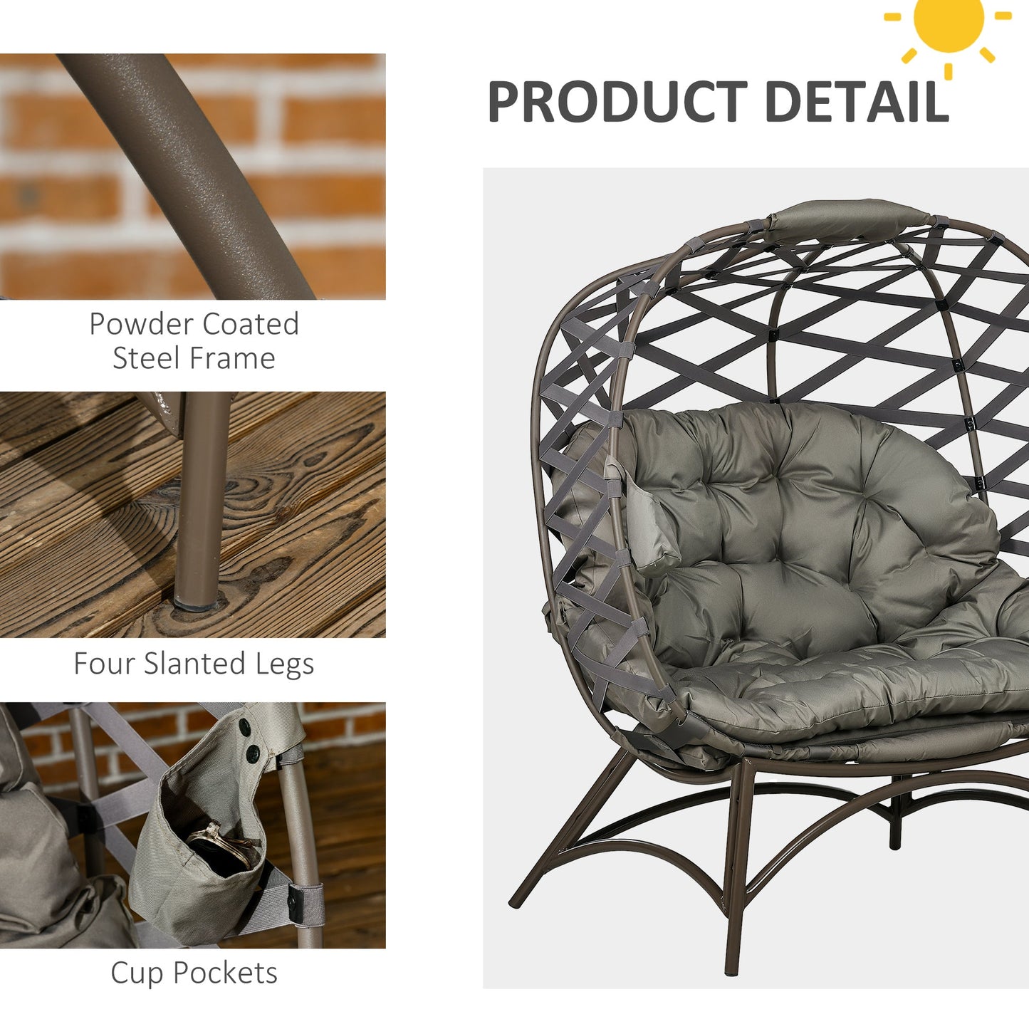 Egg Chair Outdoor, 2 Seater Folding Weave Garden Furniture Chair with Cushion, Cup Pockets for Patio Balcony - Sand Brown