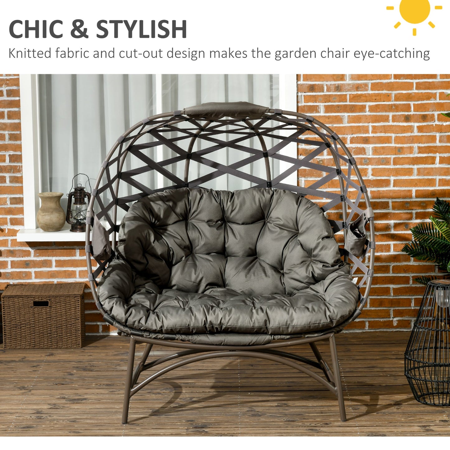 Egg Chair Outdoor, 2 Seater Folding Weave Garden Furniture Chair with Cushion, Cup Pockets for Patio Balcony - Sand Brown