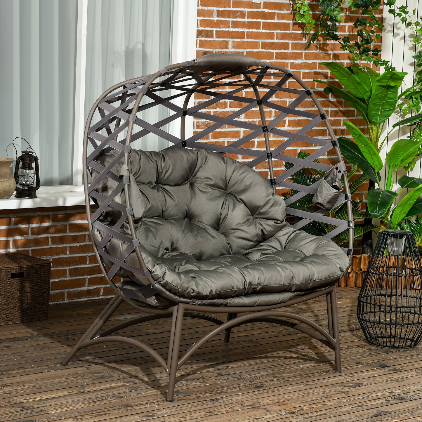 Egg Chair Outdoor, 2 Seater Folding Weave Garden Furniture Chair with Cushion, Cup Pockets for Patio Balcony - Sand Brown