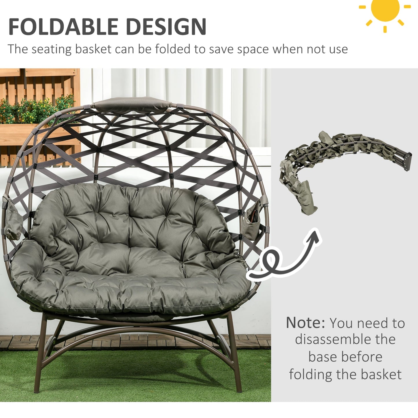 Egg Chair Outdoor, 2 Seater Folding Weave Garden Furniture Chair with Cushion, Cup Pockets for Patio Balcony - Sand Brown